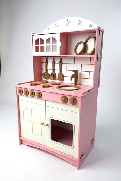 Buradadavar Hobi Ahşap Pembe Boyalı Mutfak Montessori Oyuncak Set Ekonomik Seri