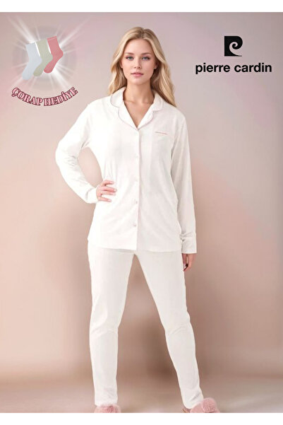 Pierre Cardin Kadın Giyim Pamuklu Modal Uzun Kollu Gömlek Pijama Takımı (2 Adet Hediye Çorap) OL.PC.7717.001