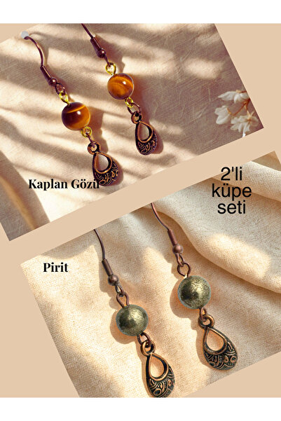 ayrestyle Tiger's Eye & Pyrite Natural Stone Bohemian Drop Dangle, Women's 2-Piece Earring Set, Brown - Matte Yellow