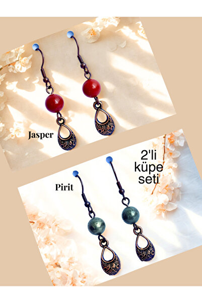 ayrestyle Jasper & Pyrite Natural Stone Bohemian Drop Dangle, Women's 2-Piece Earring Set, Red-Matte Yellow