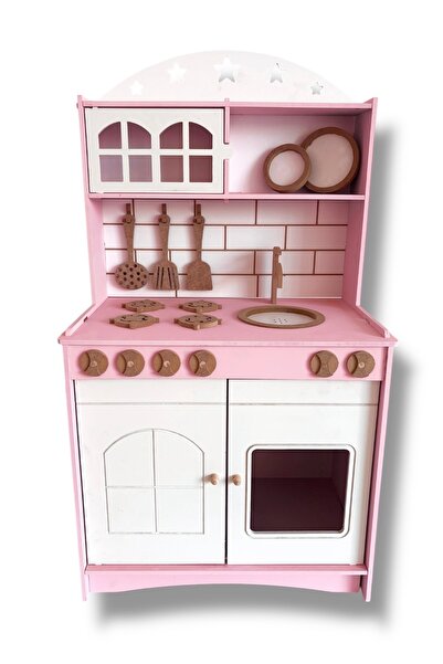 Buradadavar Hobi Ahşap Pembe Boyalı Mutfak Montessori Oyuncak Set Ekonomik Seri