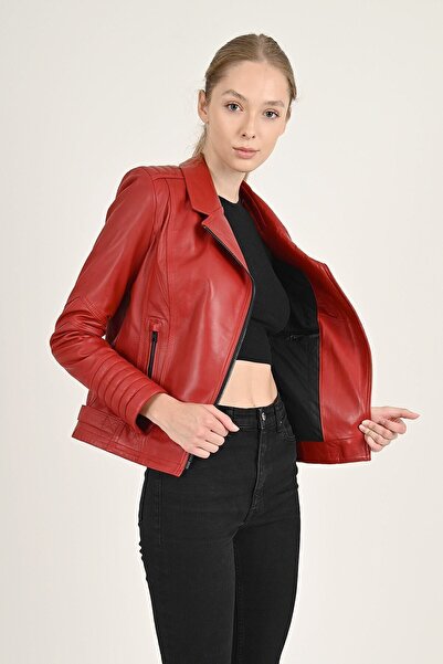 ALİN Alexa Women's Red Biker Genuine Leather Jacket Size Measurements as Visual