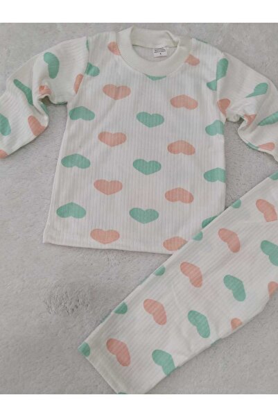 Store Turuncu Kalp Baskılı Raporlu kız Çocuk Pijama Takımı Yenidoğan Gecelik