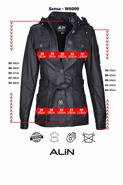 ALİN Sansa Kadın Siyah Kapüsonlu Hakiki Deri Ceket Beden Ölçüleri Görselde