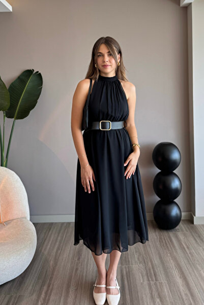 Aventien Rochie din șifon neagră cu guler Halter și curea din piele