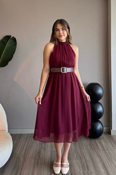 Aventien Rochie din șifon burgundă cu centură din piele cu guler Halter