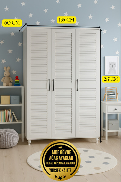 arionkids Pera 3 Kapaklı Dolap | %100 MDF | REHAU Kapaklı | Çekmeceli | Ağaç Ayaklı | Panjur Kapaklı