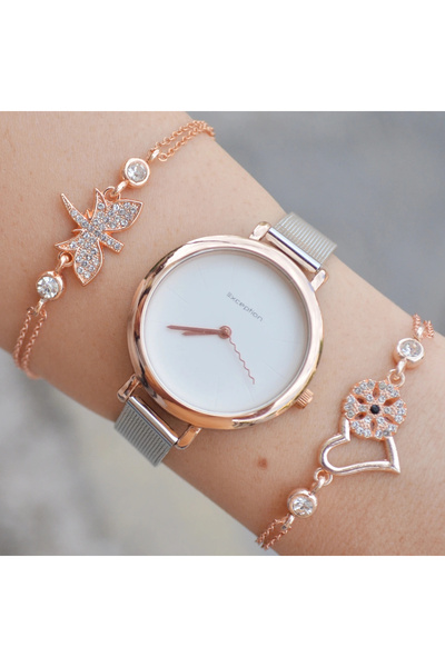 Exception Silver Rose Hasır Kordon Kadın Saat Kombini 9249