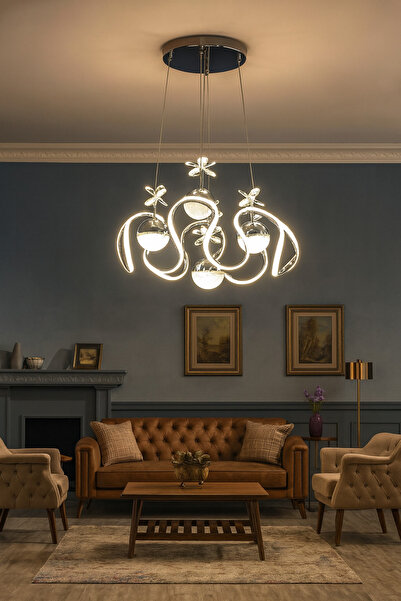 VENON Ledli Avize Ledli Salon Avizesi AYDINLATMA HELEZON 6 LI LEDLİ 3 RENK YANAR KROM LED AVİZ