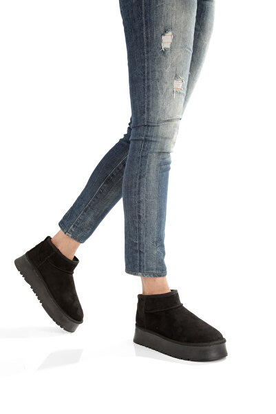 EPTC Siyah Süet Mini Yarım Bot Içi Kürklü Düztaban Kadın Ayakkabı Taraklıayaklr 1no Büyük Almalı