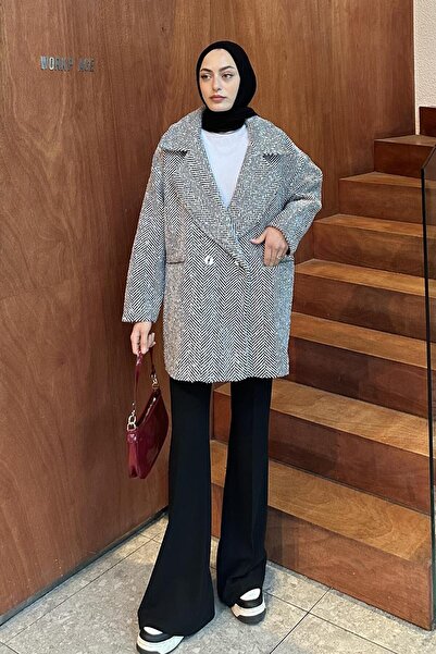 lamelif Balık Sırtı Kruvaze Kaban Siyah