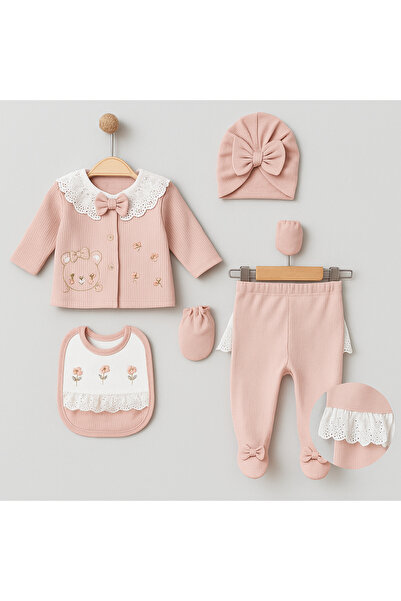 mia mia Yenidoğan Dantel Yakalı Kız Bebek 5 Parça Kutulu Set Bebek Doğum Hediyesi Hastane Çıkışı
