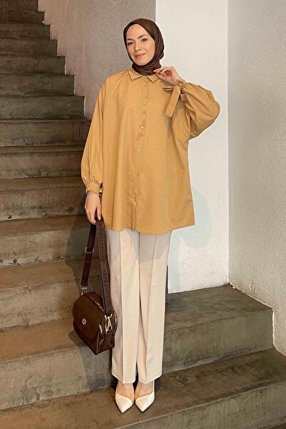 lamelif Cămașă cu mâneci detaliate Cămașă oversize Camel