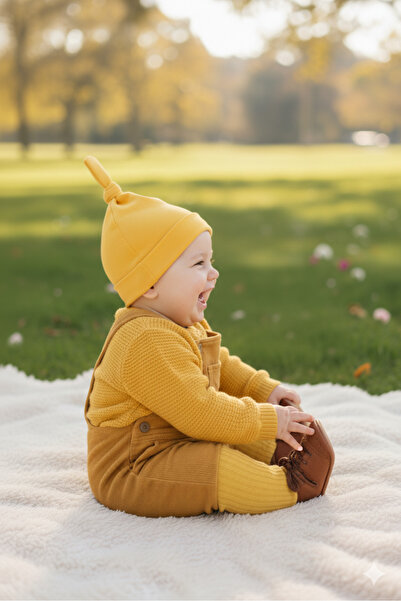 Babygiz Yenidoğan Kız Erkek Bebek %100 Pamuklu Penye Extra Yumuşak Hafif Terletmez Bere Sarı