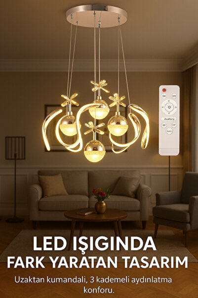 VENON Ledli Avize Ledli Salon Avizesi AYDINLATMA HELEZON 6 LI LEDLİ 3 RENK YANAR KROM LED AVİZ