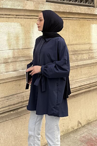 lamelif Πουκάμισο με λεπτομέρεια στο μανίκι Πουκάμισο Oversize Σκούρο μπλε