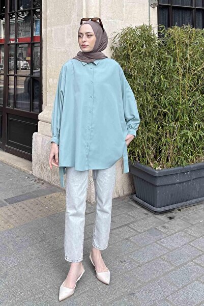 lamelif Πουκάμισο με λεπτομέρεια στο μανίκι Πουκάμισο Oversize Πράσινο Μέντα