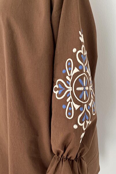 lamelif Kol Nakışlı Tunik Acı Acı Kahve