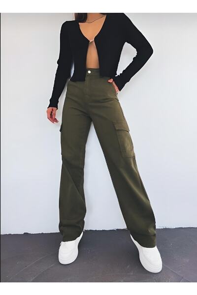 Lixera بنطلون جينز ذو خصر عالي جدًا قماش قابل للتمدد كاكي جيب جانبي كبير أرجل...