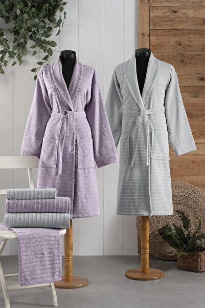 Pierre Cardin 100% Cotton Patterned Lilac&Gray 2 Bathrobes&2 Face Towels&2 Bath Towels 6-Piece Bathrobe Set