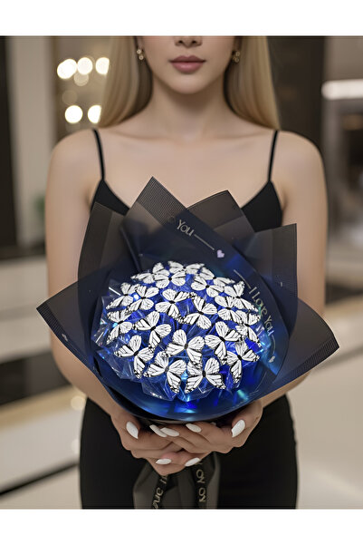 HOVARDA Led Işıklı Siyah Kelebek Buketi Sevgiliye Hediye Doğum Anneler Günü Y...
