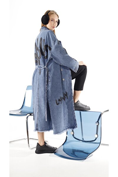 shE tekstil Tasarım GENİŞ KALIP Baskılı Trençkot