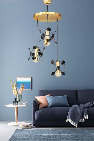VENON Modern Retro Avize Aydınlatma Marsis 3 Lü Sarkıt Camı Metal Siyah Gold Avize