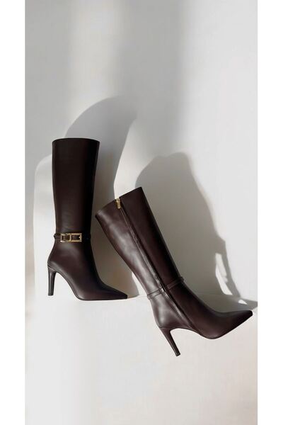 Saracshoes Gerçek Deri İnce Topuklu Kadın Çizme Kahverengi Dream