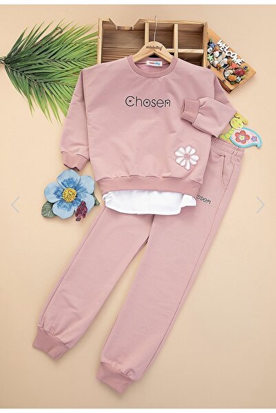 Nazar Bebe Kız Çocuk Chosen Yazılı Çiçek Detaylı İkili Eşofman Takımı - Gül Kurusu 1409