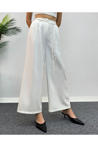 deqfashion Women's White Pleated Belt Elastic Fabric Palazzo Pants