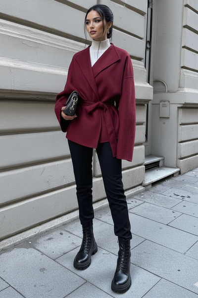 ALFUDO Moda Collection Bordo Bağlama Detaylı Rahat Kalıp Kaşmir Hırka/Ceket