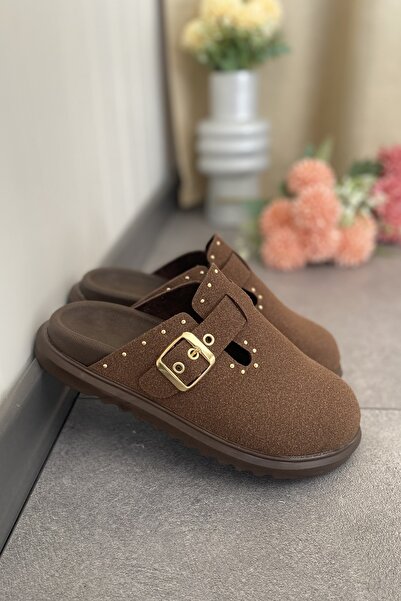 Tamdabu Ayakkabı Brown Suede Comfortable and Stylish Daily Women's Slippers Tmd2025002