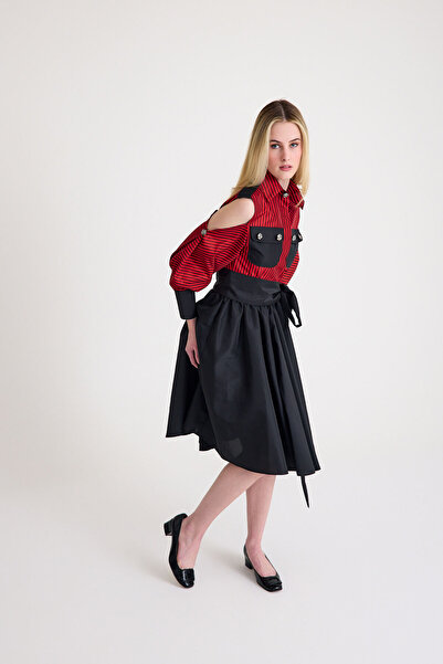 MERT ERKAN فستان قميص من التفتا مخطط بطول متوسط ​​الطول ومفصل وحزام