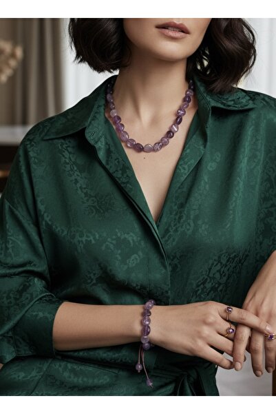 Zokak Sertifikalı Doğal Taş Ametist set,  Gerçek İnci kolye, Gerçek ametist b...