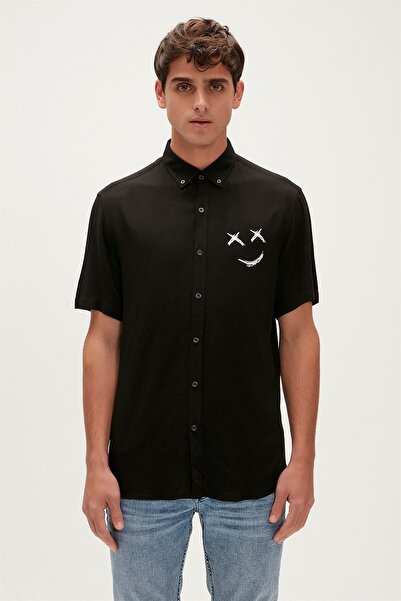 Bad Bear Smile Shirt Siyah Kısa Kollu Baskılı Erkek Gömlek