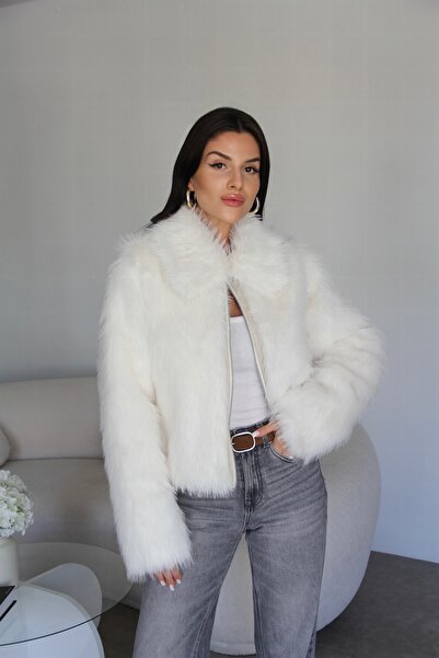 Julidress Jachetă de blană premium căptușită cu fermoar în față, cu detalii din piele albă