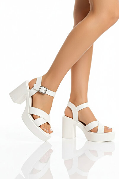 Limeo Білі високі бокові застібки з перехресними ремінцями, відкритий перед, шкіряні літні жіночі сандалі на підборах