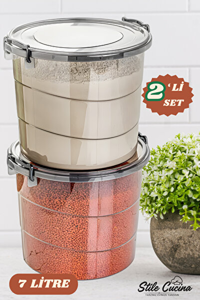 Stile Cucina حاوية دقيق مستديرة مميزة بحجم كبير مكونة من قطعتين - صندوق تخزين المنظفات بمقبض 7 لتر أنثراسايت