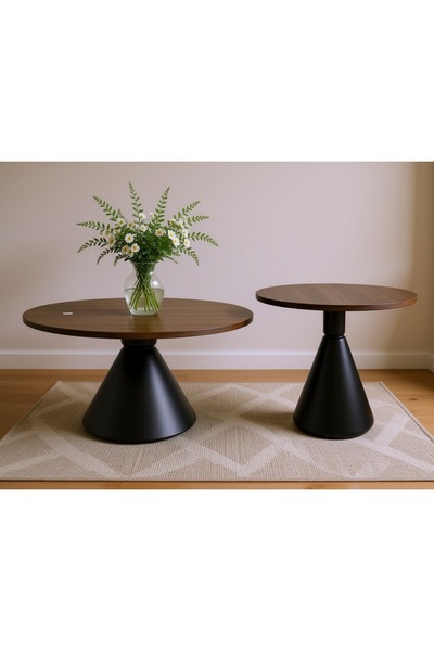Living Set of 2 Round Coffee Tables with Brown Wooden Tops & Black Steel Legs