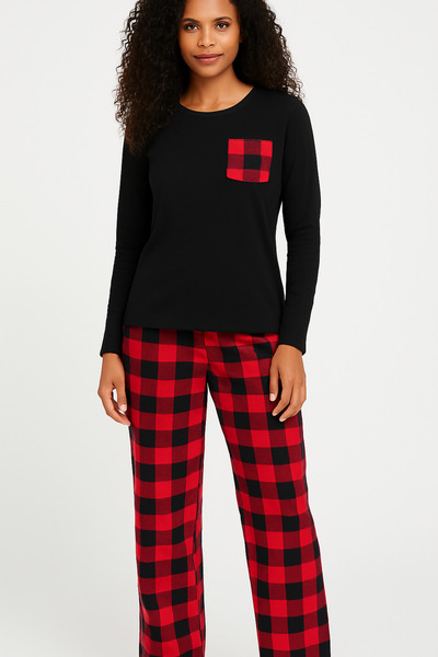 ModaLeaf Black Color Long Sleeve Red Plaid Patterned Pajama Set