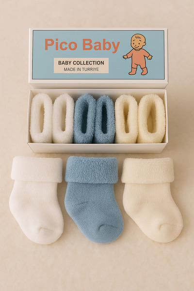 Pico Baby Havlu Kışlık Erkek Bebek Çorabı / 3'lü Kutulu / Premium / Yeni Doğan