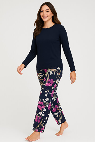 ModaLeaf Синій комплект піжами з довгими рукавами та квітковим візерунком
