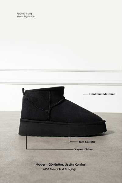 Zintra Kadın Süet Mini Siyah Renk Bot – İç Kürklü, Kalın Tabanlı Bilekte Şık Bot