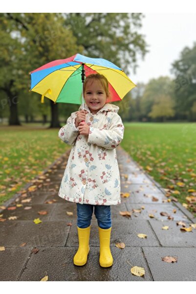 BeeMyBaby Şemsiye Tutan Ayı Desenli Bej Renk Kapüşonlu Içi Peluşlu Parka Mont