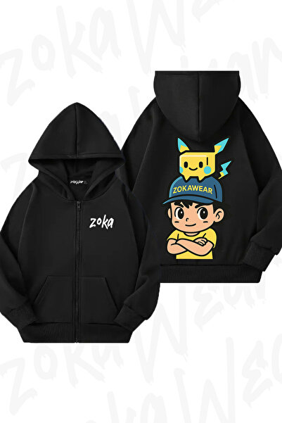 ZOKAWEAR Cardigan negru supradimensionat cu model Pokemon Pikachu - cu fermoa...
