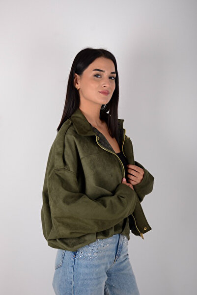 Marjinal Kadın Süet Astarlı Cepli Bomber Ceket