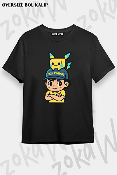 ZOKAWEAR Tricou cu imprimeu unisex, negru, pikachu și Ash Pokemon