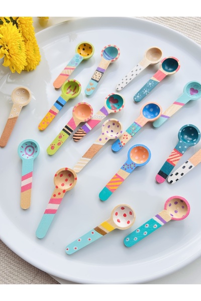 ByBastik مجموعة من 6 ملاعق توابل ملونة - مجموعة ملاعق خشبية صغيرة - ملاعق خيزران مرسومة يدويًا - مومباستيك
