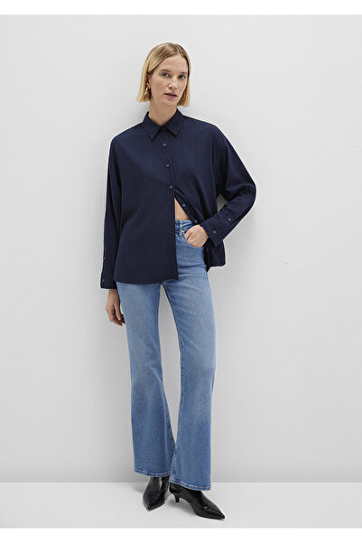 Mavi Çizgili Lacivert Gömlek Oversize / Geniş Kesim 1210878-83699