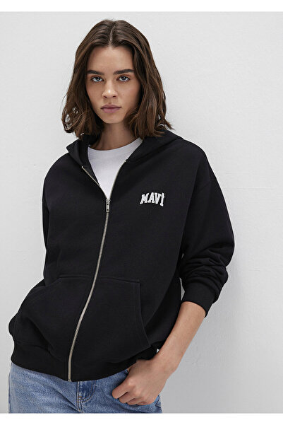 Mavi Logo Baskılı Kapüşonlu Fermuarlı Siyah Sweatshirt 1S10178-900